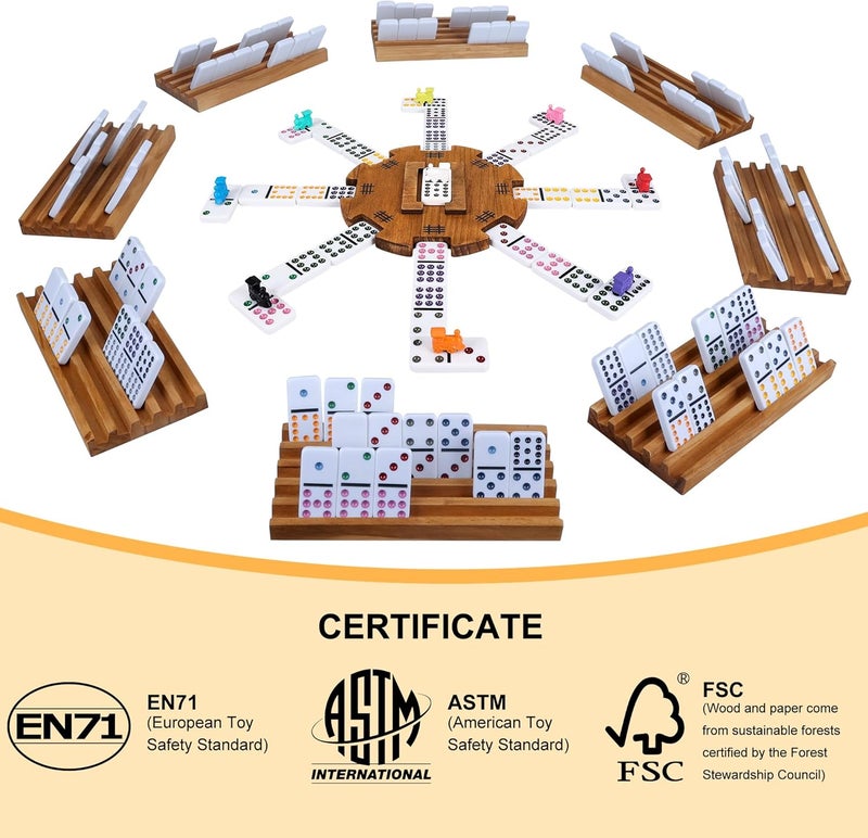 Offelec Mexican Train Dominoes Set with 8 Holders, Double 12 Dominos Set for Adults, Mexican Dominoes Train for Kids and Family Game, Mexican Train Games with 91 Colored Tile Dominos and Wooden Box - Image 5